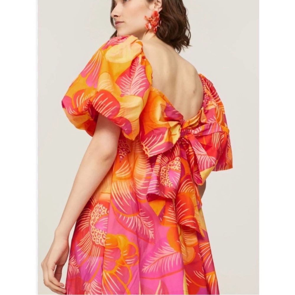 Farm Rio Ombré  Mini Dress Garden Puff Sleeve Orange Yellow Tie Back Bohemian L - Picture 10 of 14
